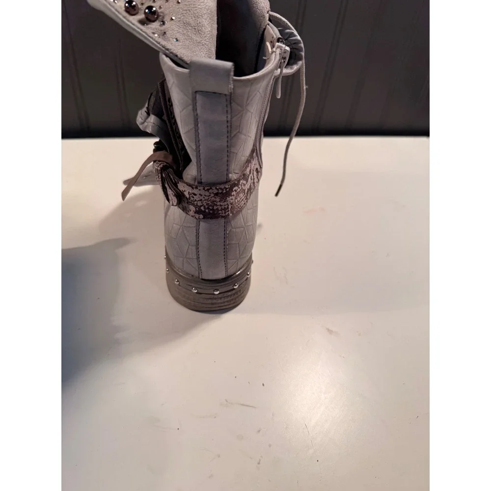 Lala Iaki Grey Studded Laser Cut Ankle Boots EU 40 Snakeskin Strap Buckle Zip